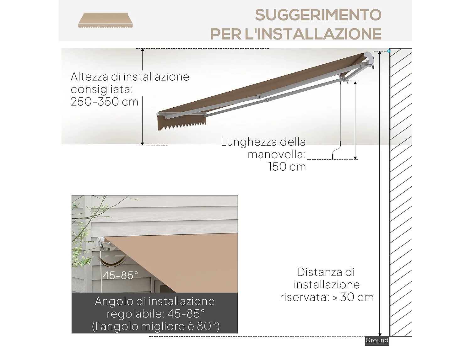 Tenda da sole avvolgibile con manovella 350x250 cm marrone