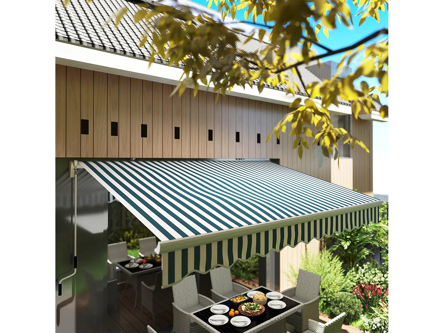 Tenda da sole a bracci avvolgibile a manovella 4x2.5m verde e bianco