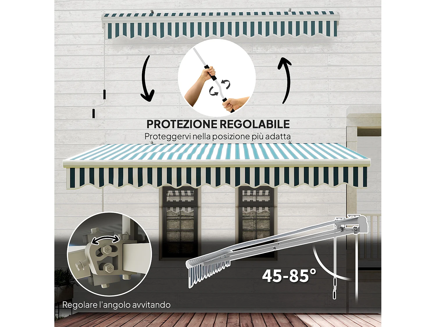 Tenda da sole a bracci avvolgibile a manovella 4x2.5m verde e bianco