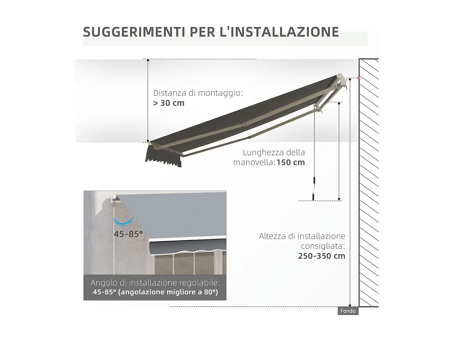 Tenda da sole avvolgibile 3x2.5  m a caduta con manovella grigio