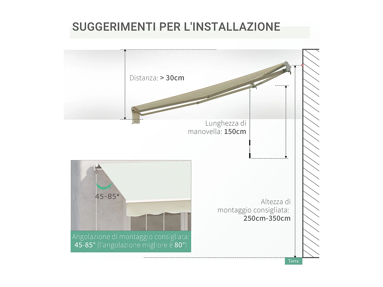 Tenda da sole avvolgibile a caduta manuale 3x2.5m bianco