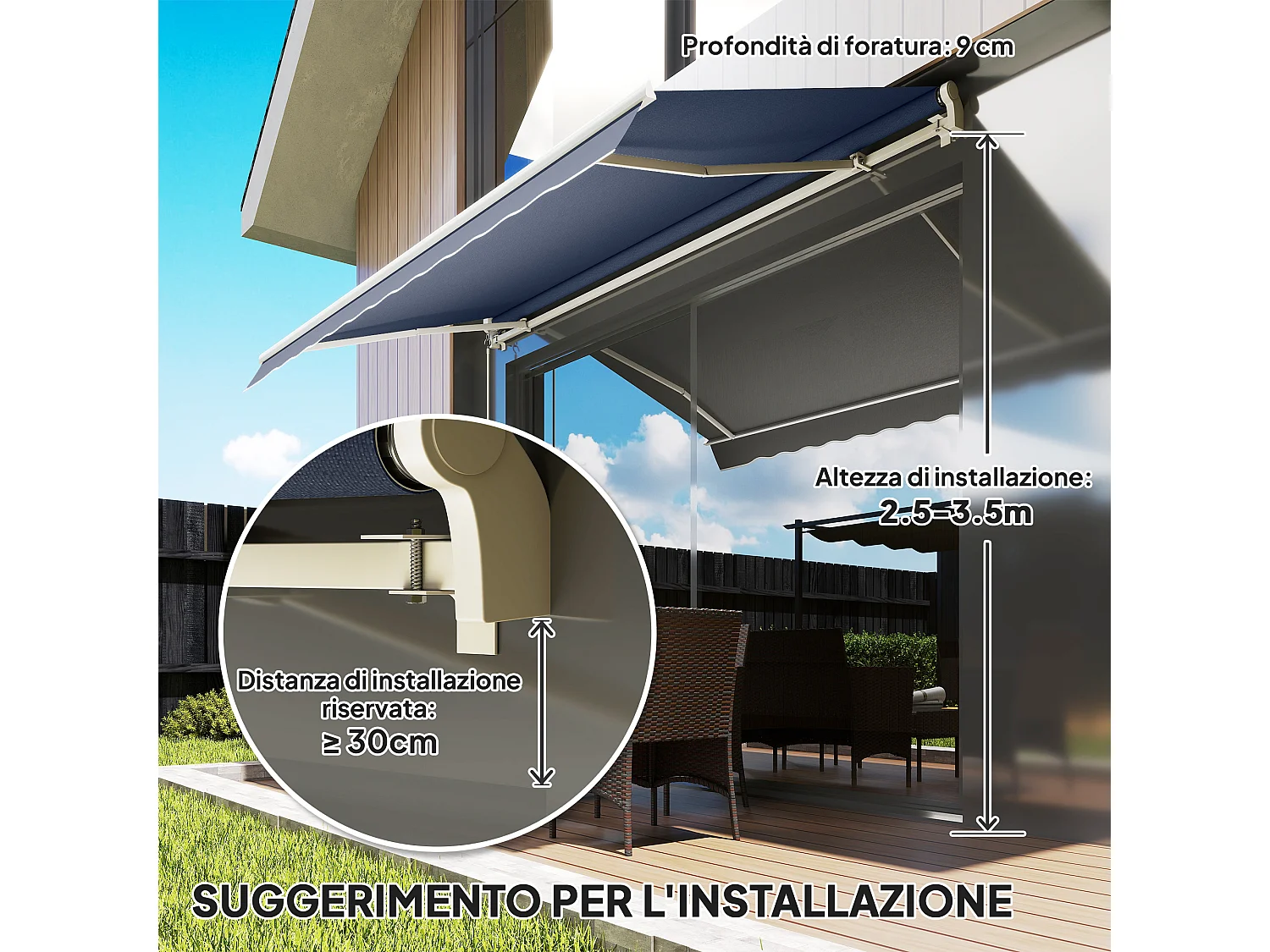 Tenda da sole avvolgibile a bracci con manovella 360x250cm grigio