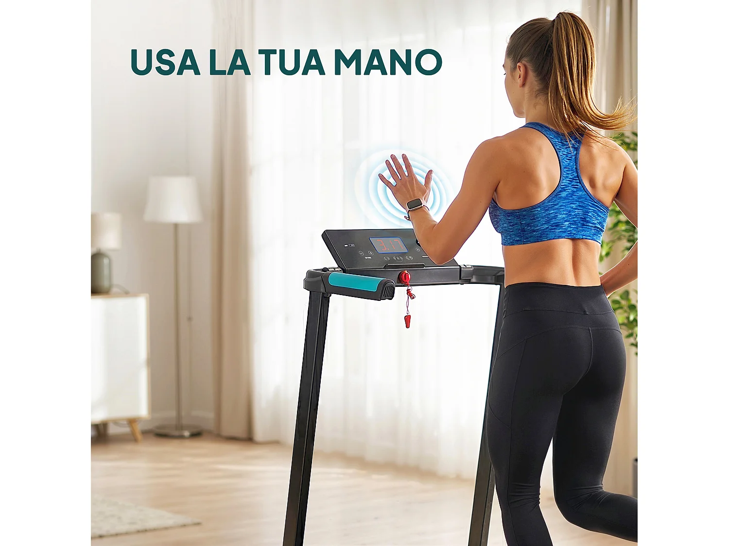 Tapis roulant pieghevole con controllo gestuale e inclinazione azzurro