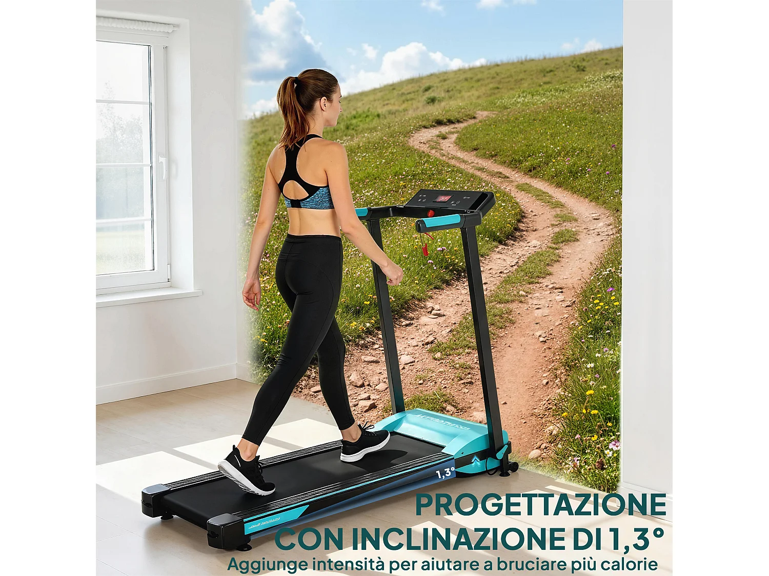 Tapis roulant pieghevole con controllo gestuale e inclinazione azzurro