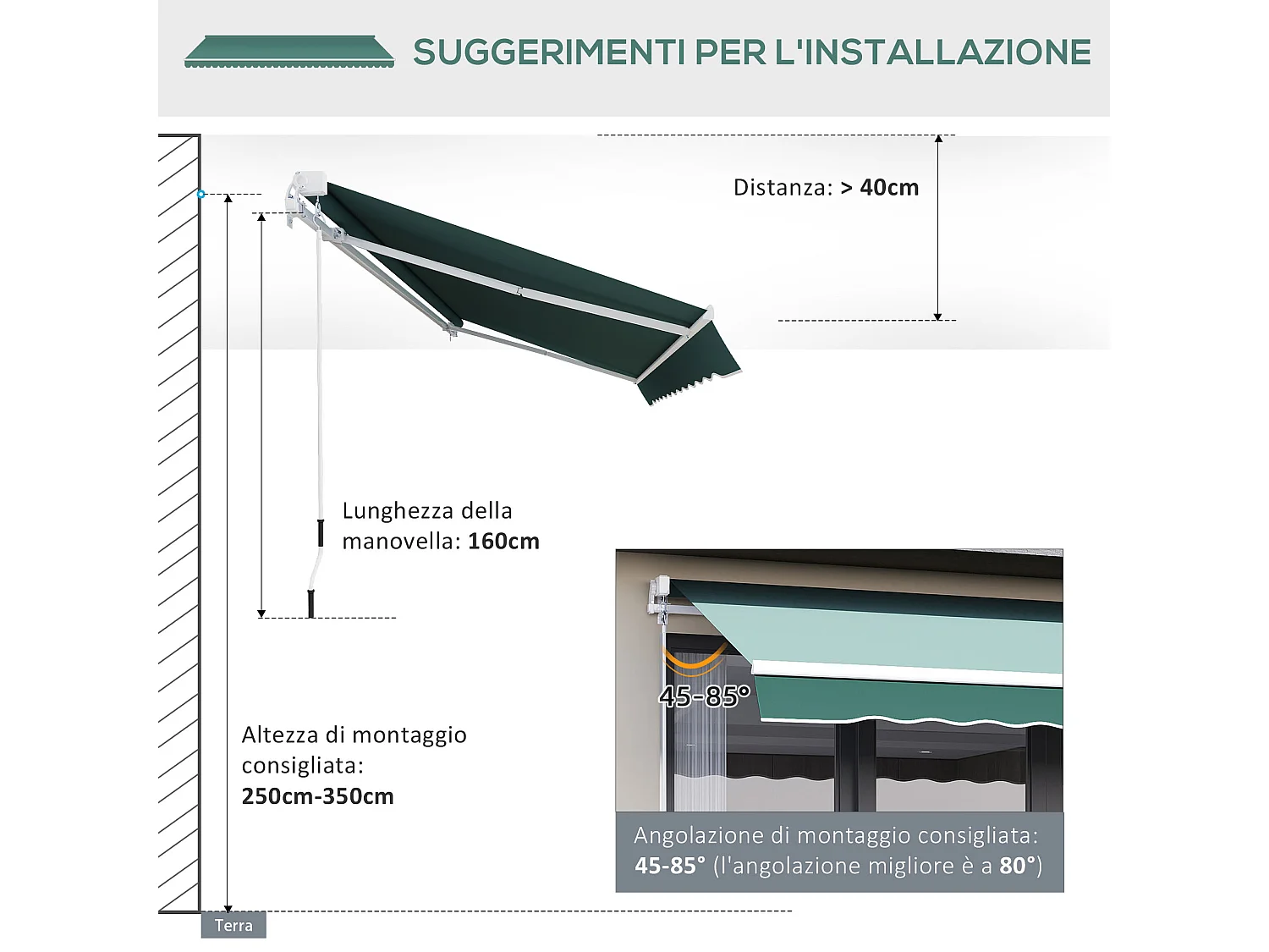 Tenda da sole 2.5x2m avvolgibile con manovella verde