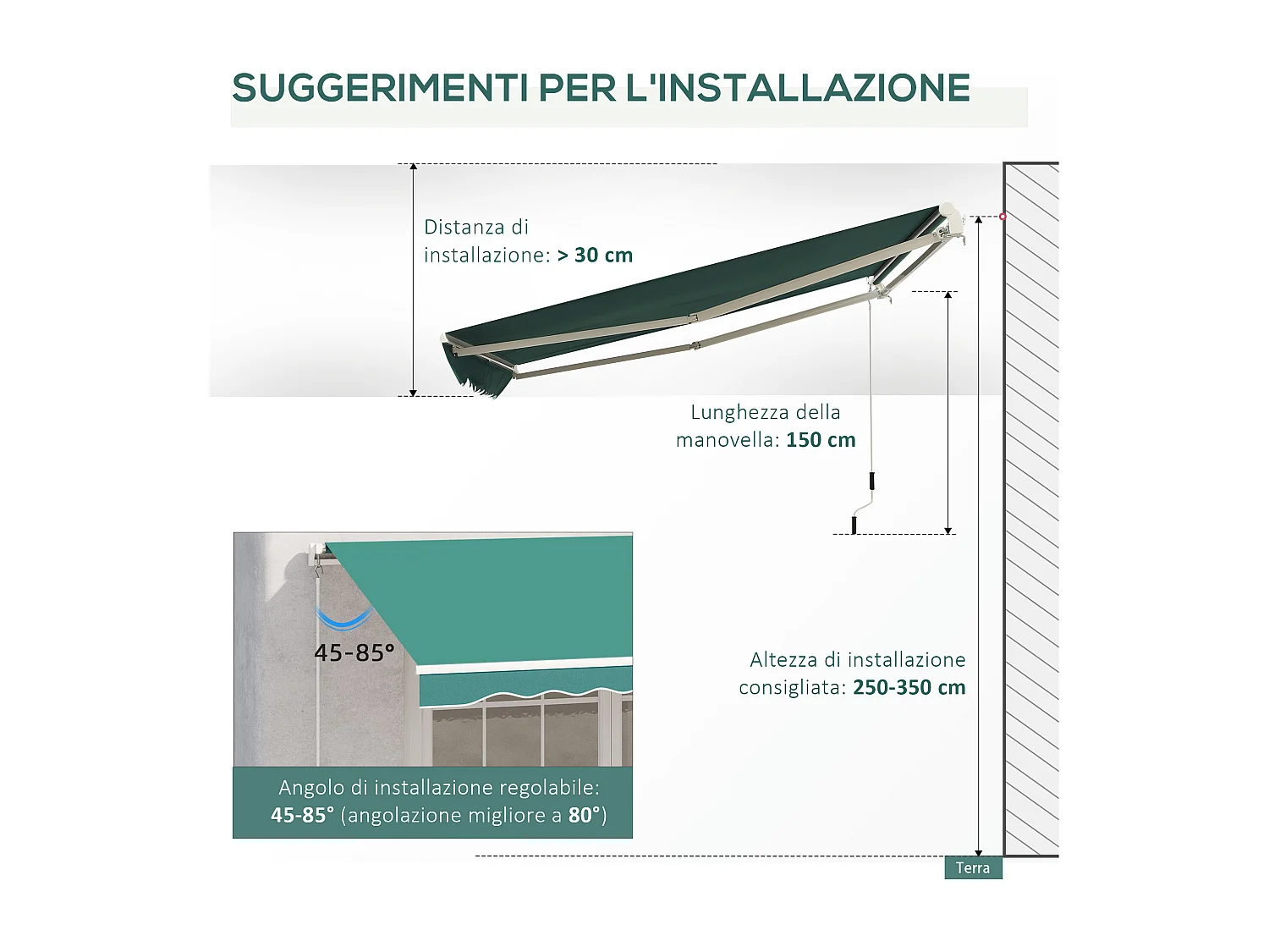 Tenda da sole avvolgibile a caduta manuale 3x2.5m verde scuro