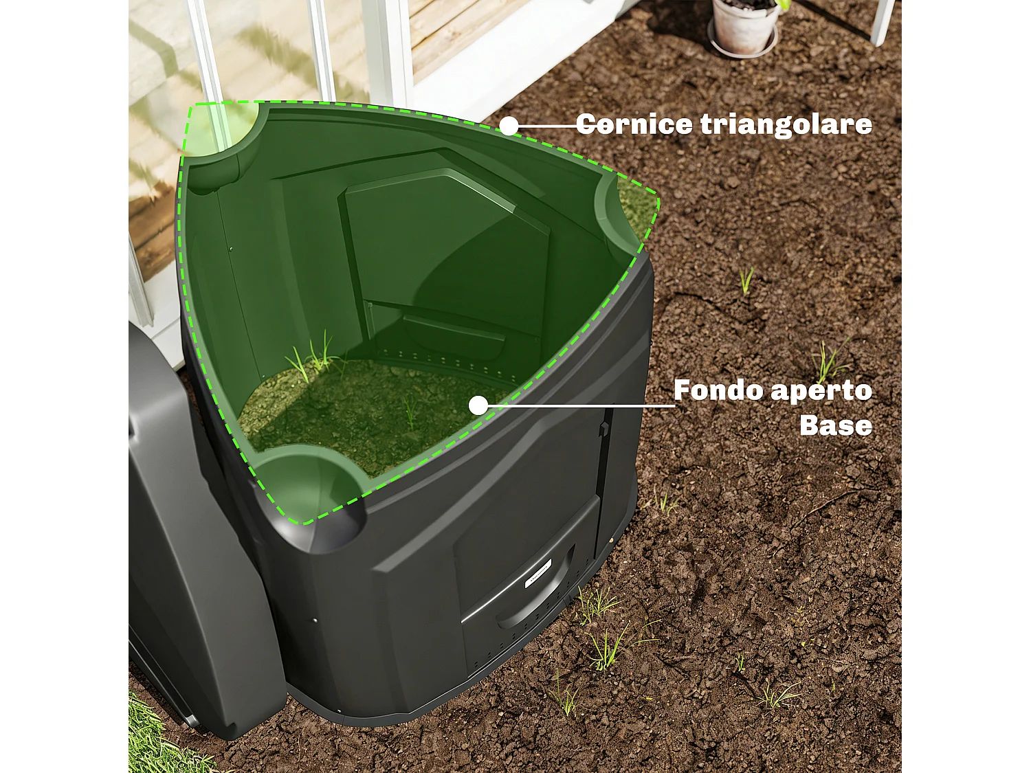 Compostiera da giardino triangolare girevole in plastica nero