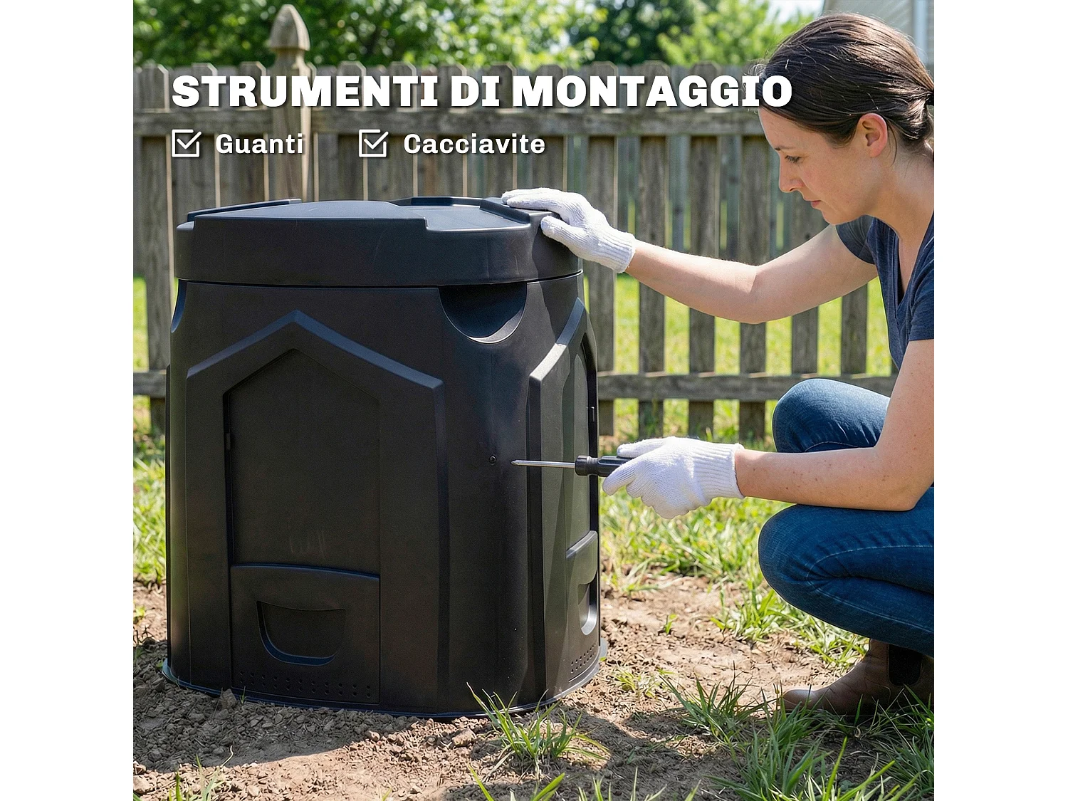Compostiera da giardino triangolare girevole in plastica nero