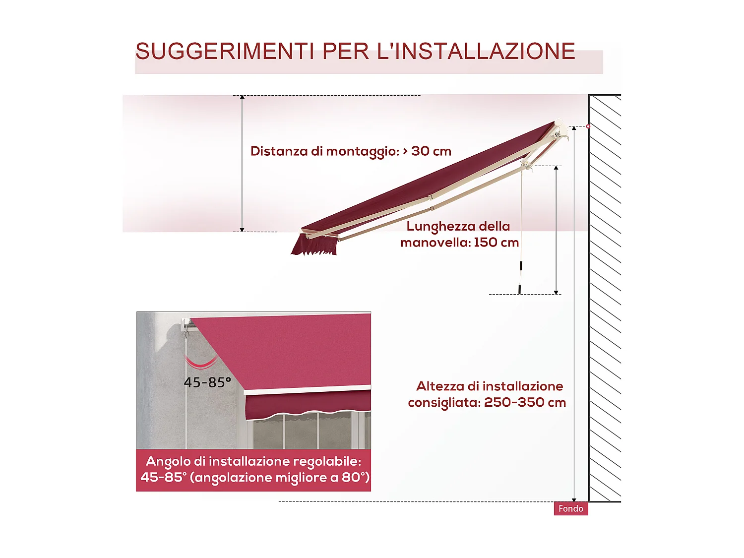 Tenda da sole avvolgibile a caduta manuale 3x2.5m rosso scuro