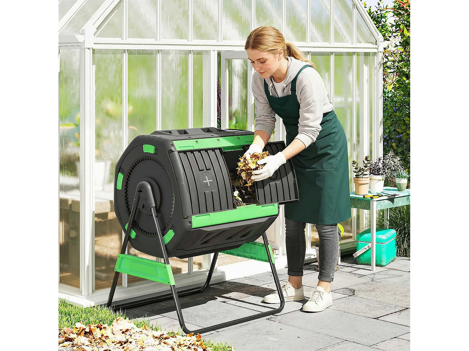 Compostiera da giardino 200l a doppia camera in pp e acciaio nero