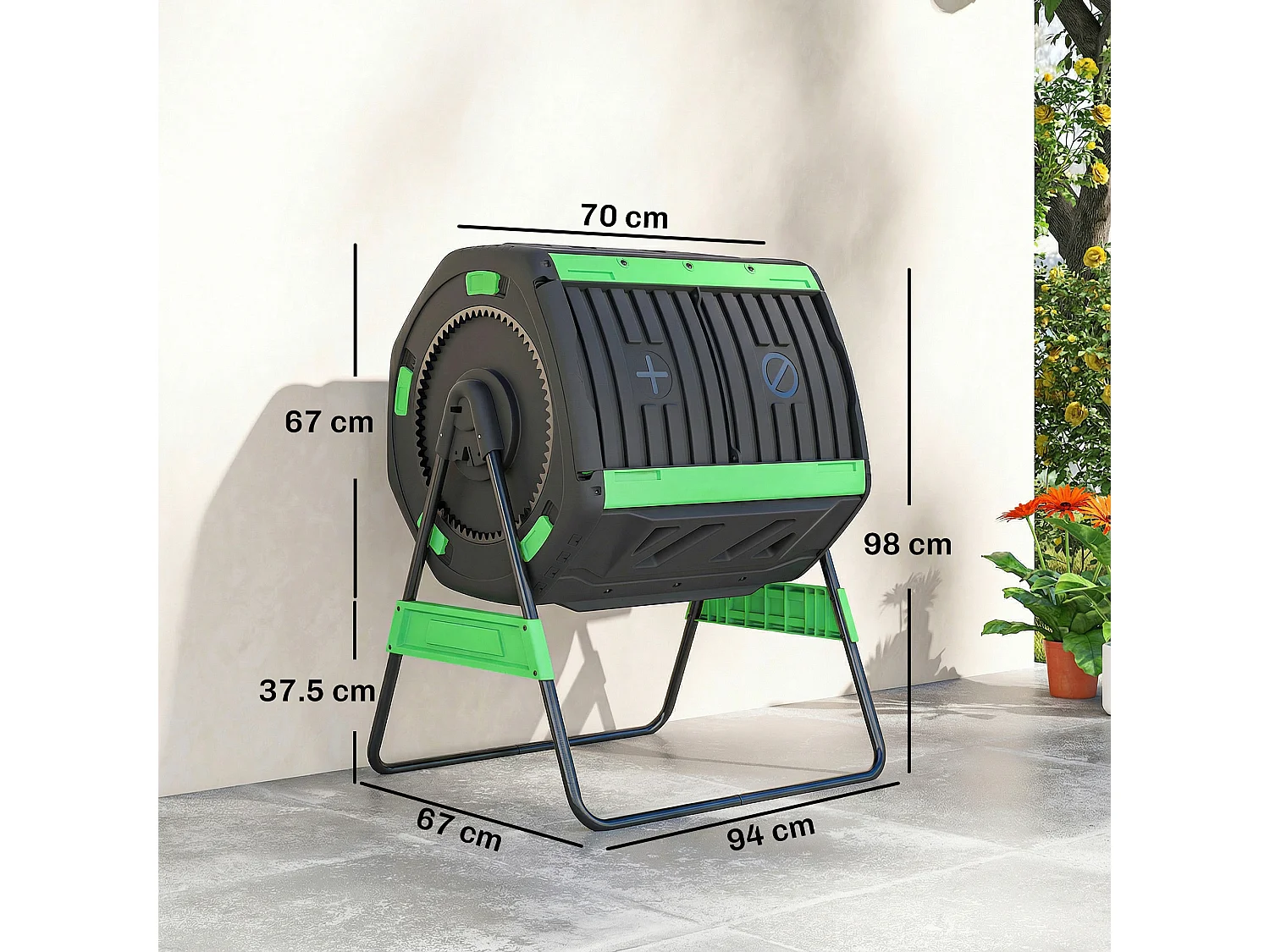 Compostiera da giardino 200l a doppia camera in pp e acciaio nero