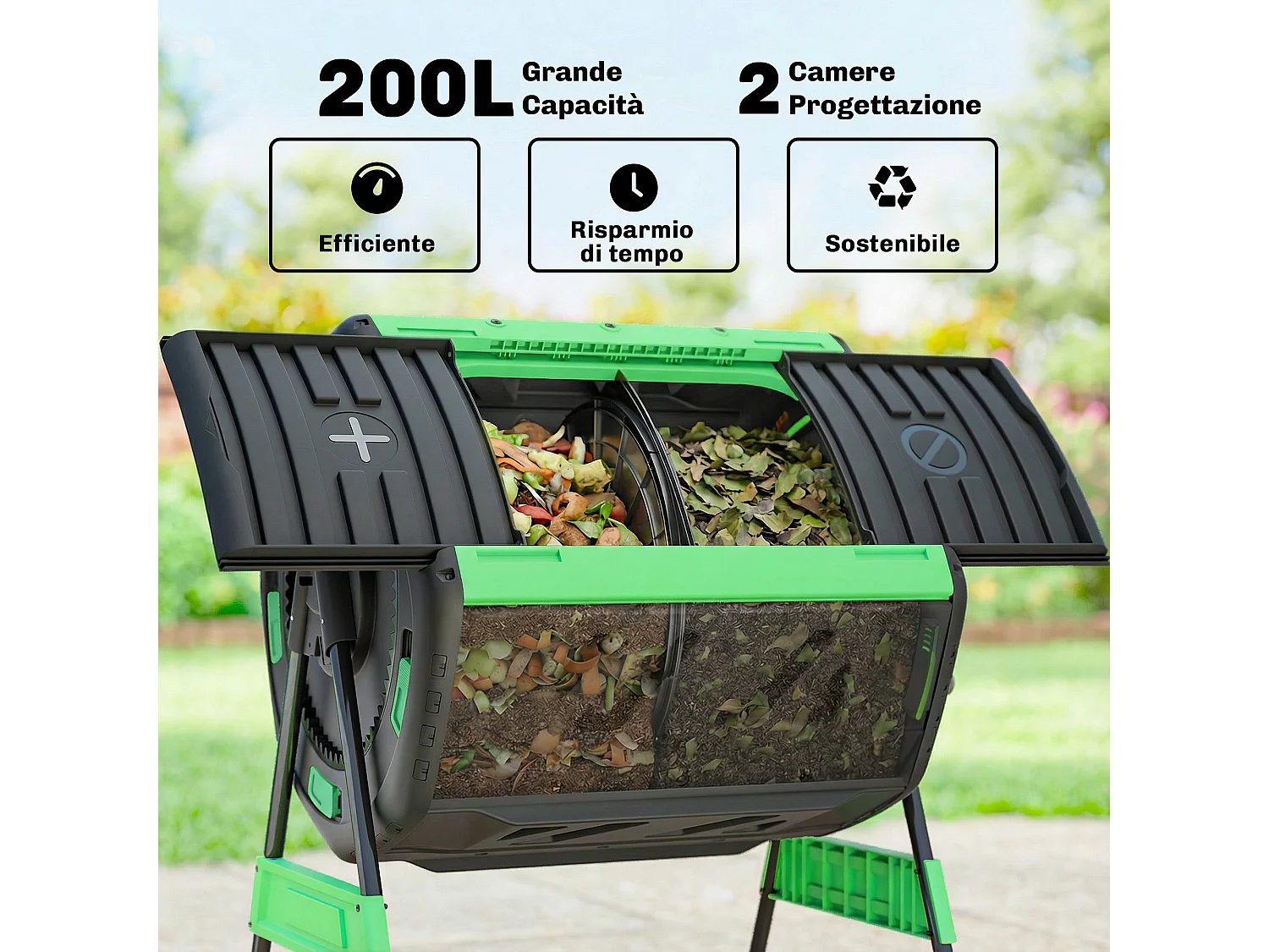 Compostiera da giardino 200l a doppia camera in pp e acciaio nero