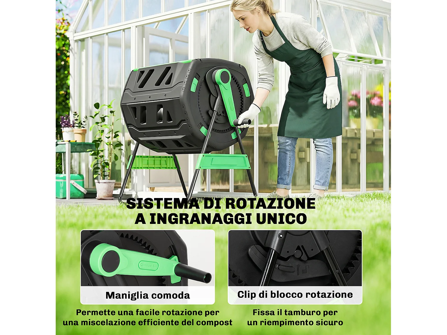 Compostiera da giardino 200l a doppia camera in pp e acciaio nero