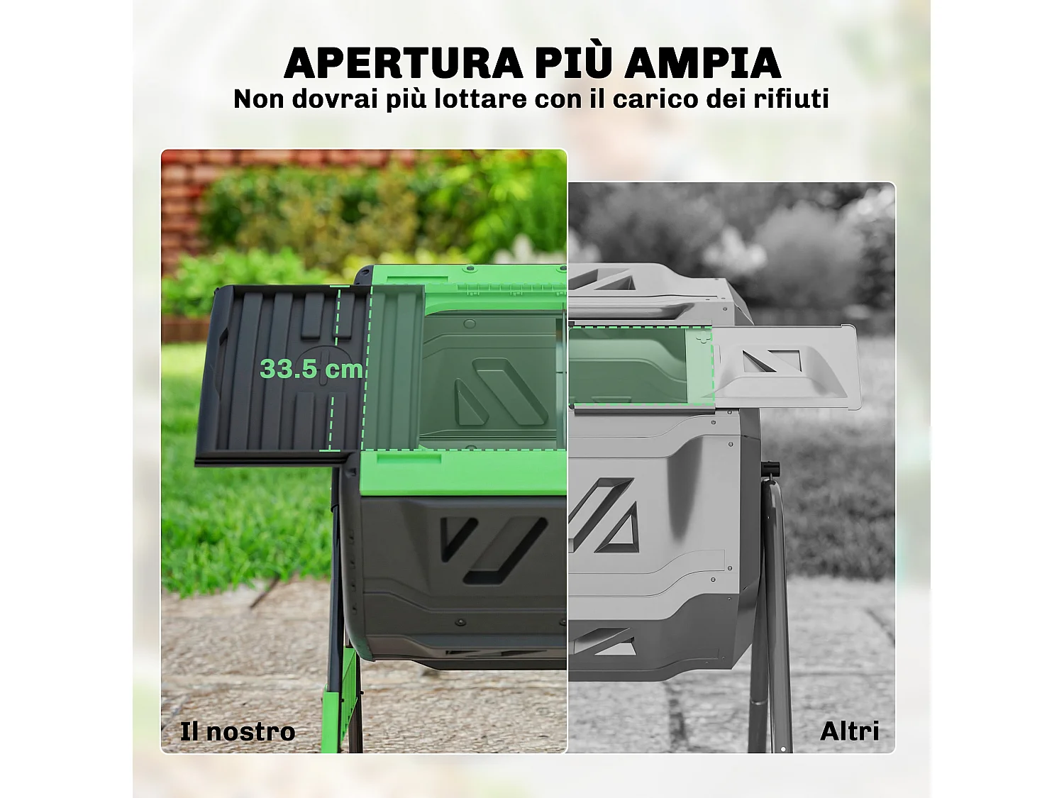 Compostiera da giardino 200l a doppia camera in pp e acciaio nero