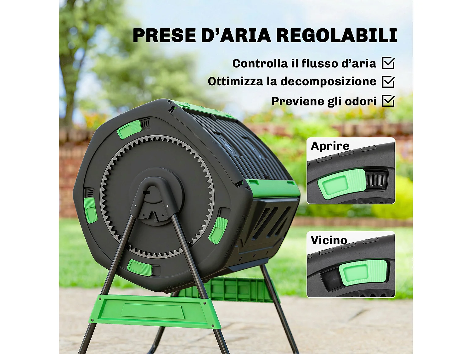 Compostiera da giardino 200l a doppia camera in pp e acciaio nero