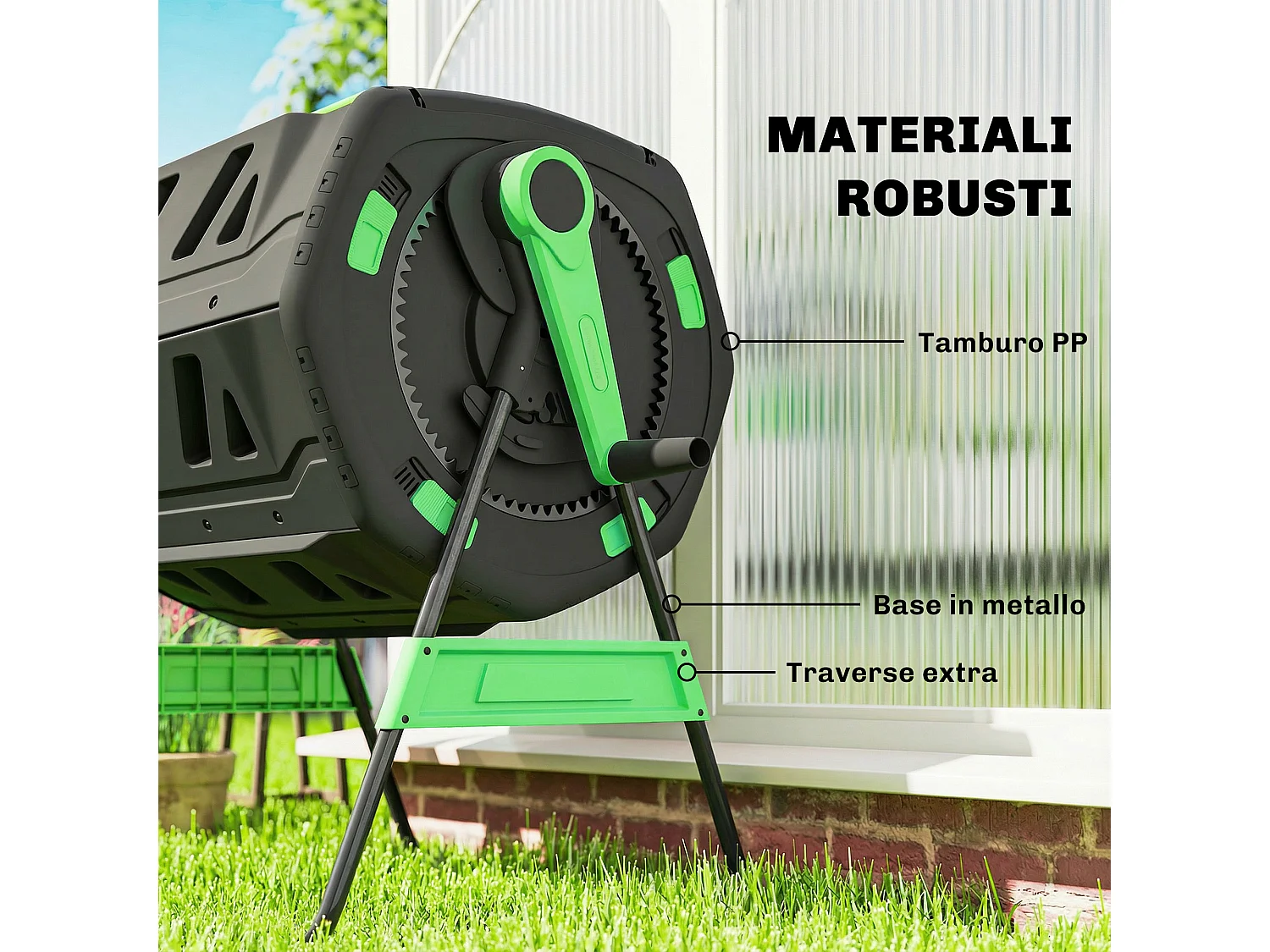 Compostiera da giardino 200l a doppia camera in pp e acciaio nero