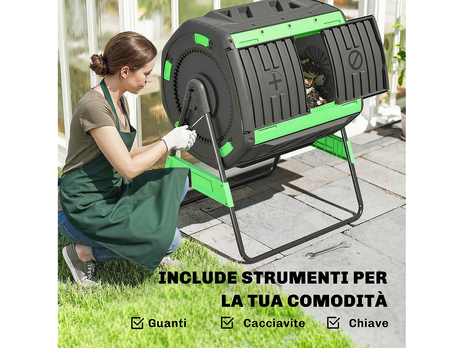 Compostiera da giardino 200l a doppia camera in pp e acciaio nero