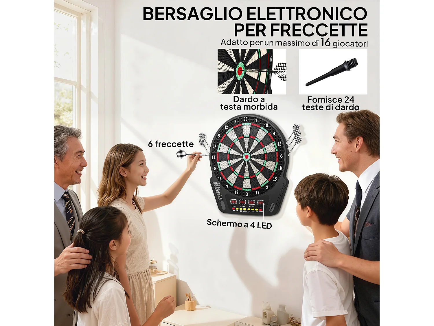 Bersaglio freccette con 6 freccette, alimentatore e 4 display led nero