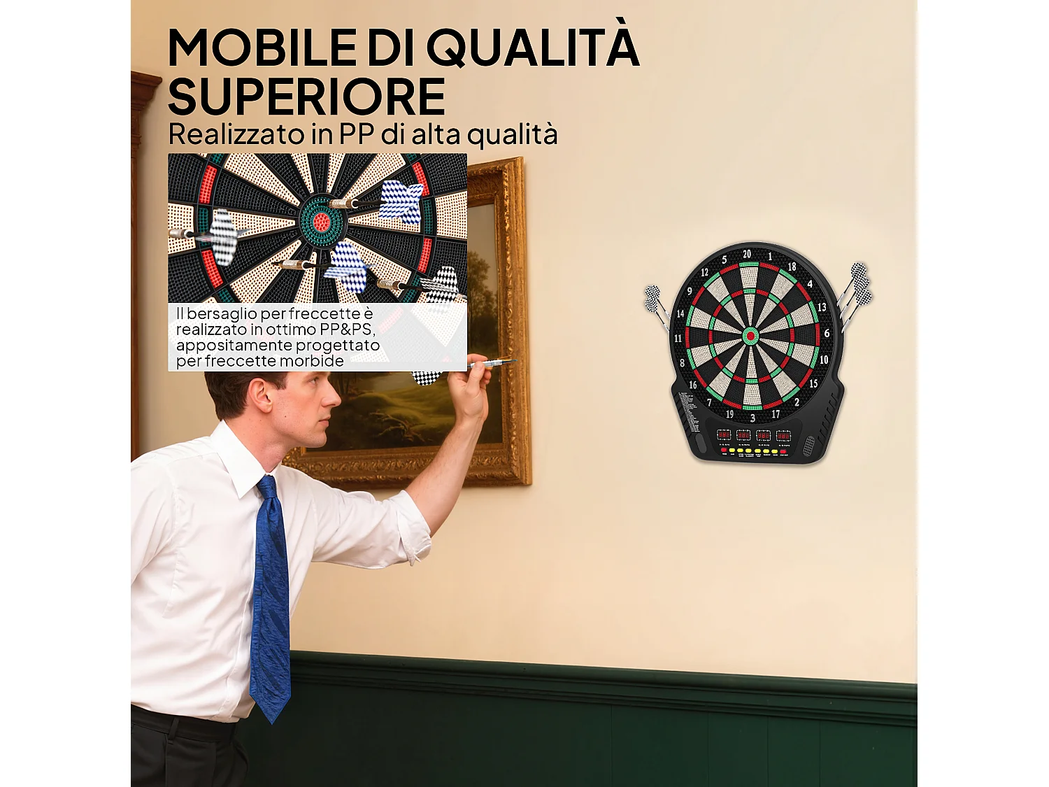 Bersaglio freccette con 6 freccette, alimentatore e 4 display led nero