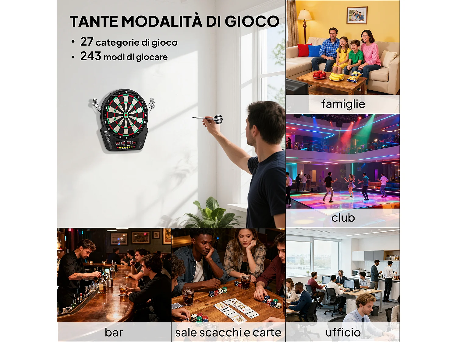 Bersaglio freccette con 6 freccette, alimentatore e 4 display led nero