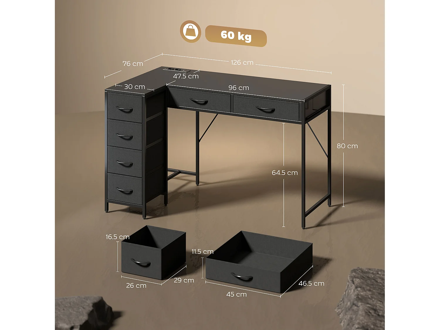 Scrivania angolare reversibile a 6 cassetti in legno e acciaio nero