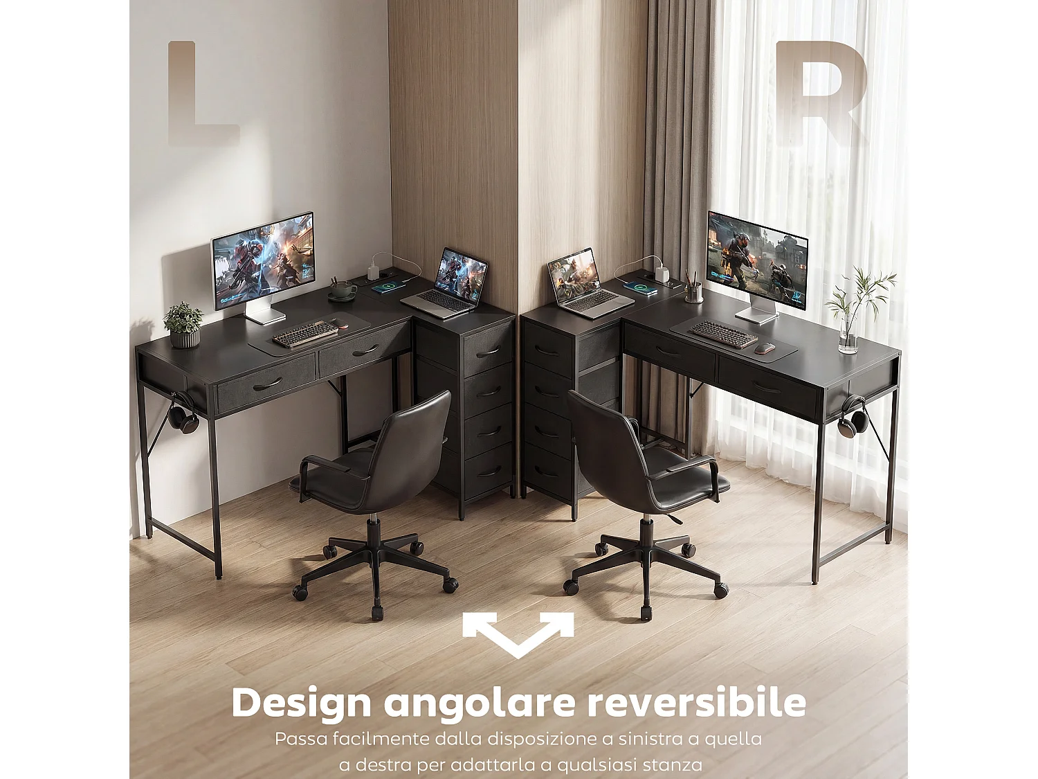 Scrivania angolare reversibile a 6 cassetti in legno e acciaio nero