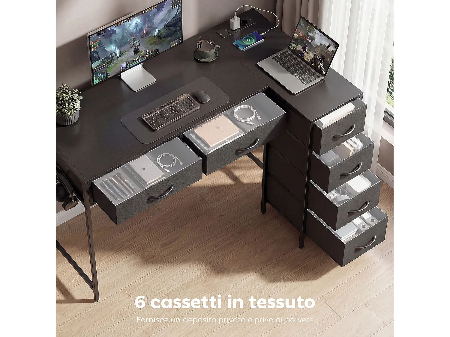 Scrivania angolare reversibile a 6 cassetti in legno e acciaio nero