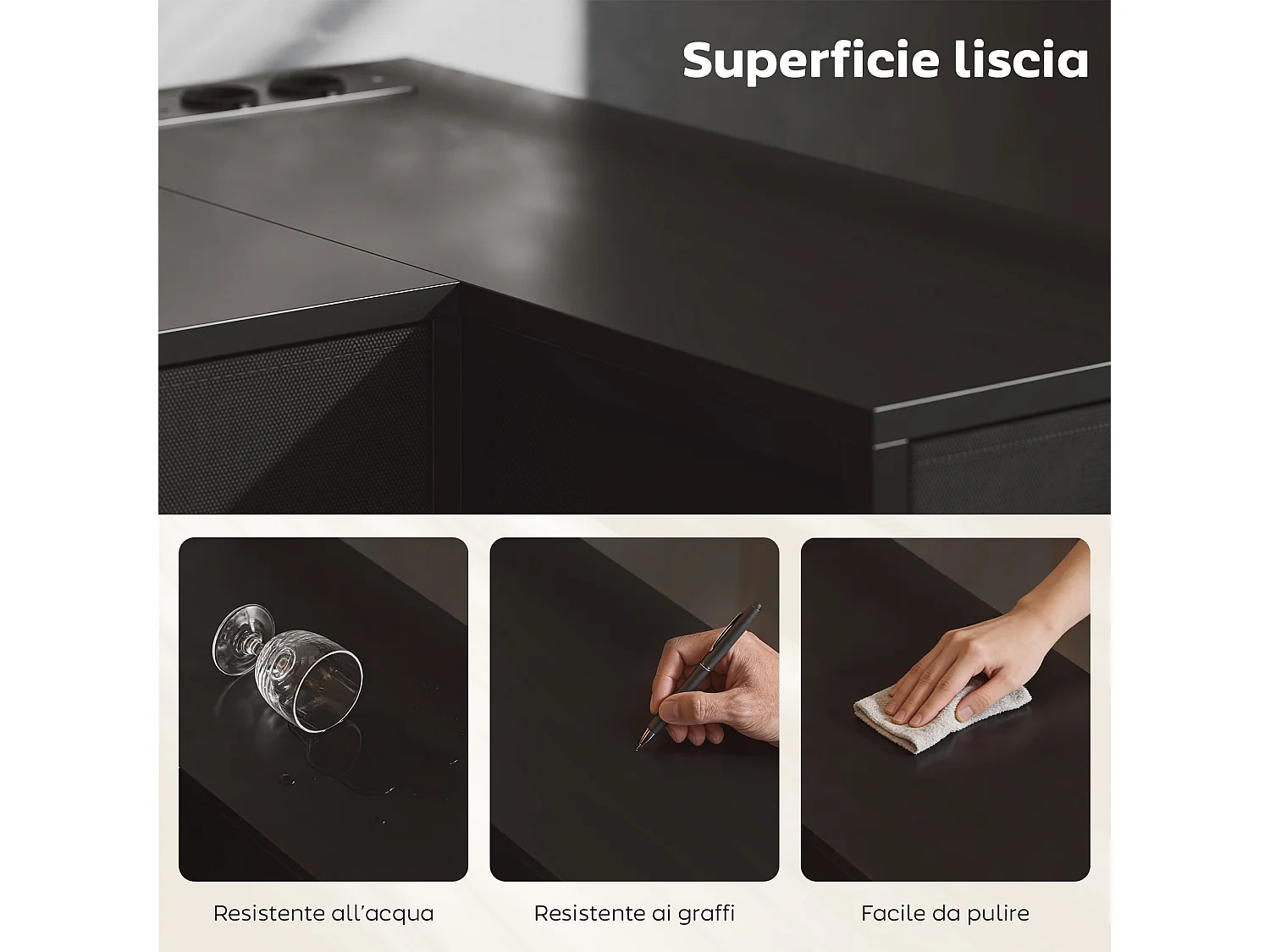 Scrivania angolare reversibile a 6 cassetti in legno e acciaio nero