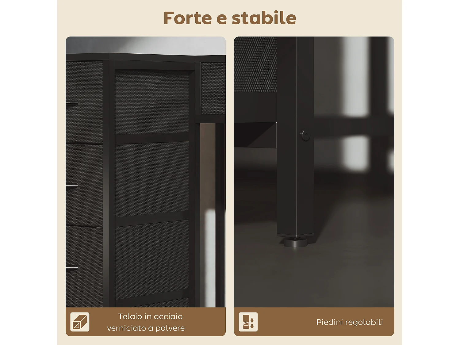 Scrivania angolare reversibile a 6 cassetti in legno e acciaio nero