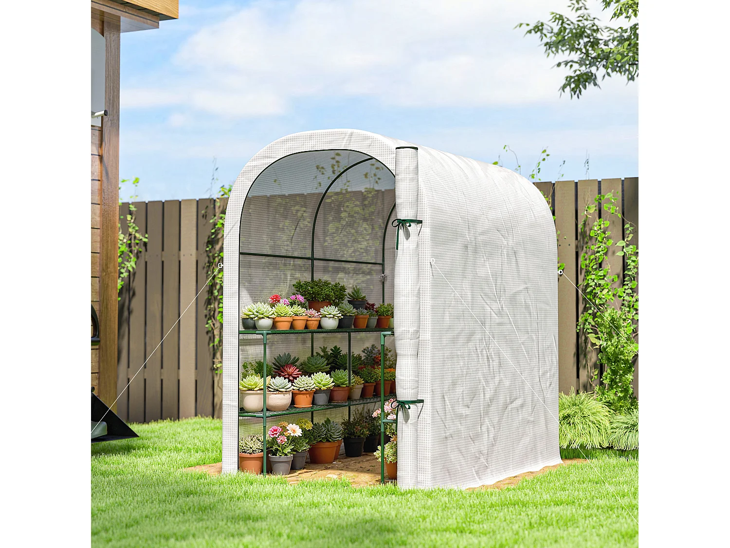 Serra da giardino con scaffali a 2 livelli e porta avvolgibile bianco