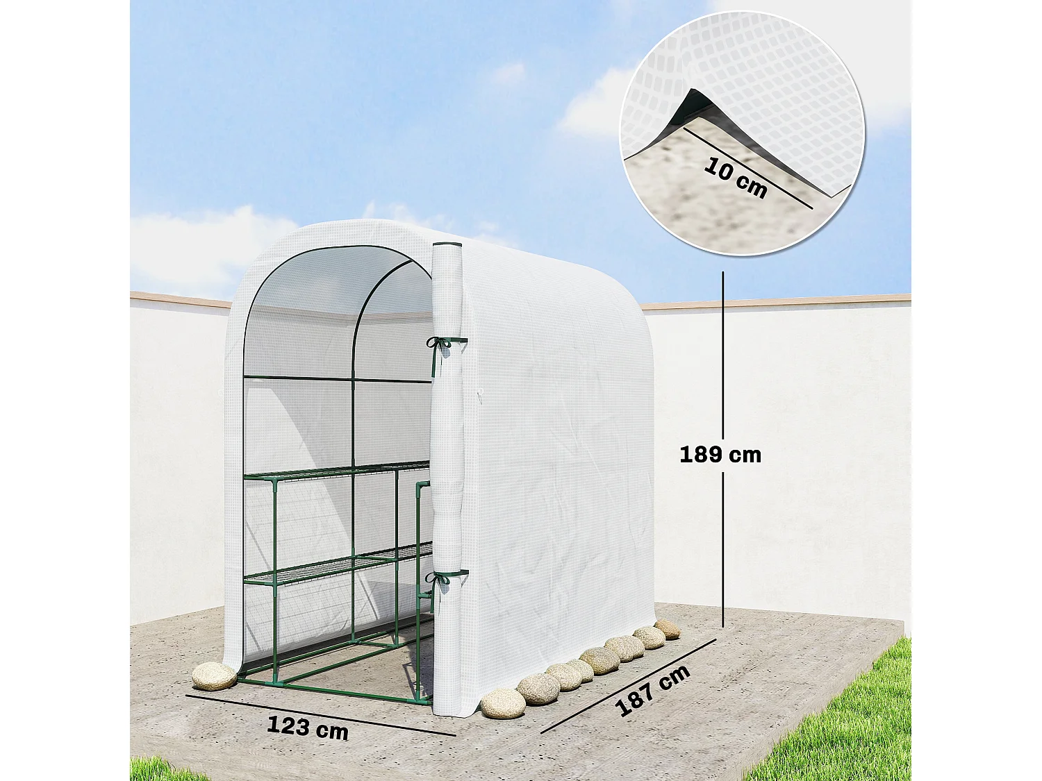 Serra da giardino con scaffali a 2 livelli e porta avvolgibile bianco