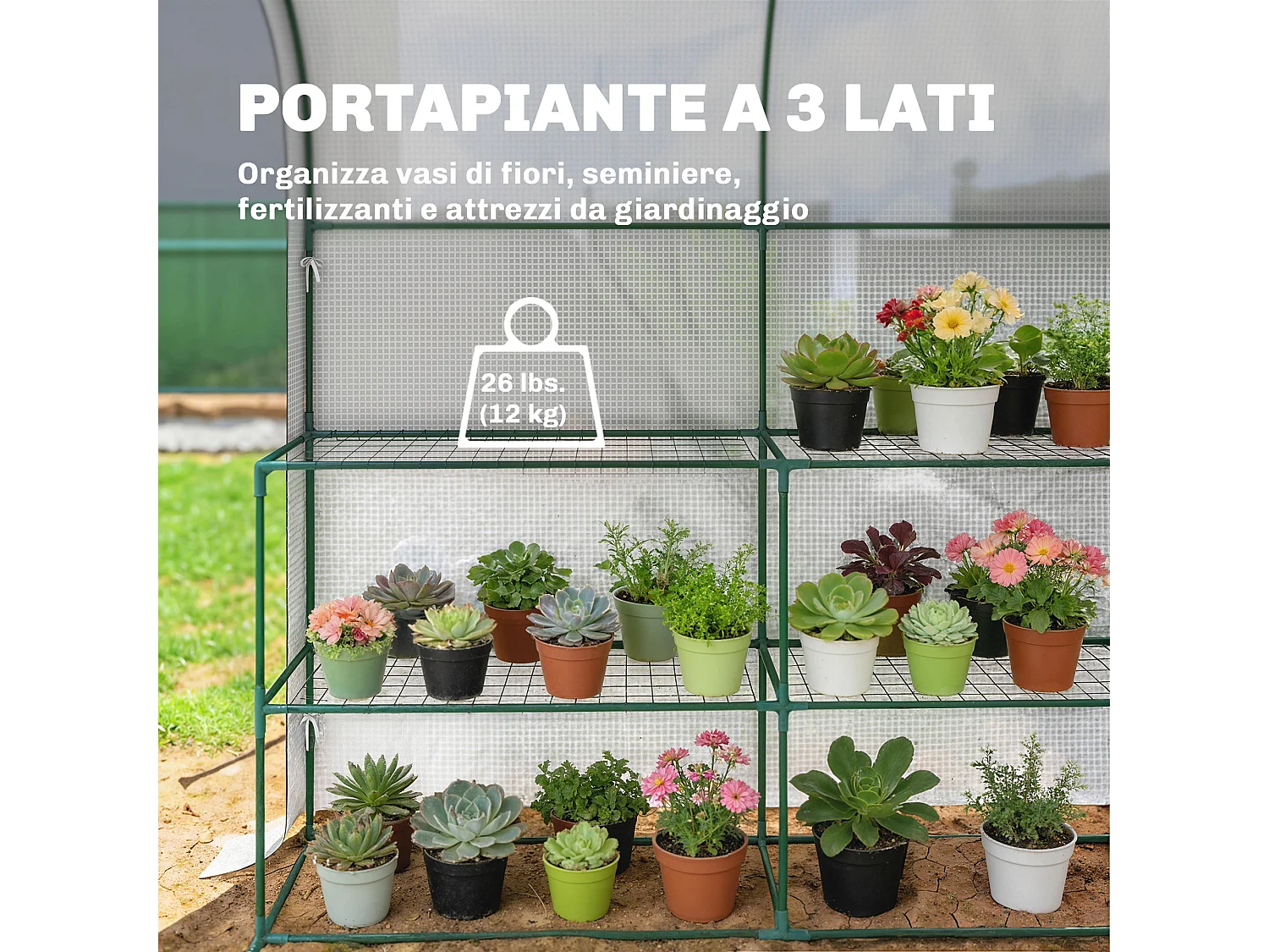 Serra da giardino con scaffali a 2 livelli e porta avvolgibile bianco