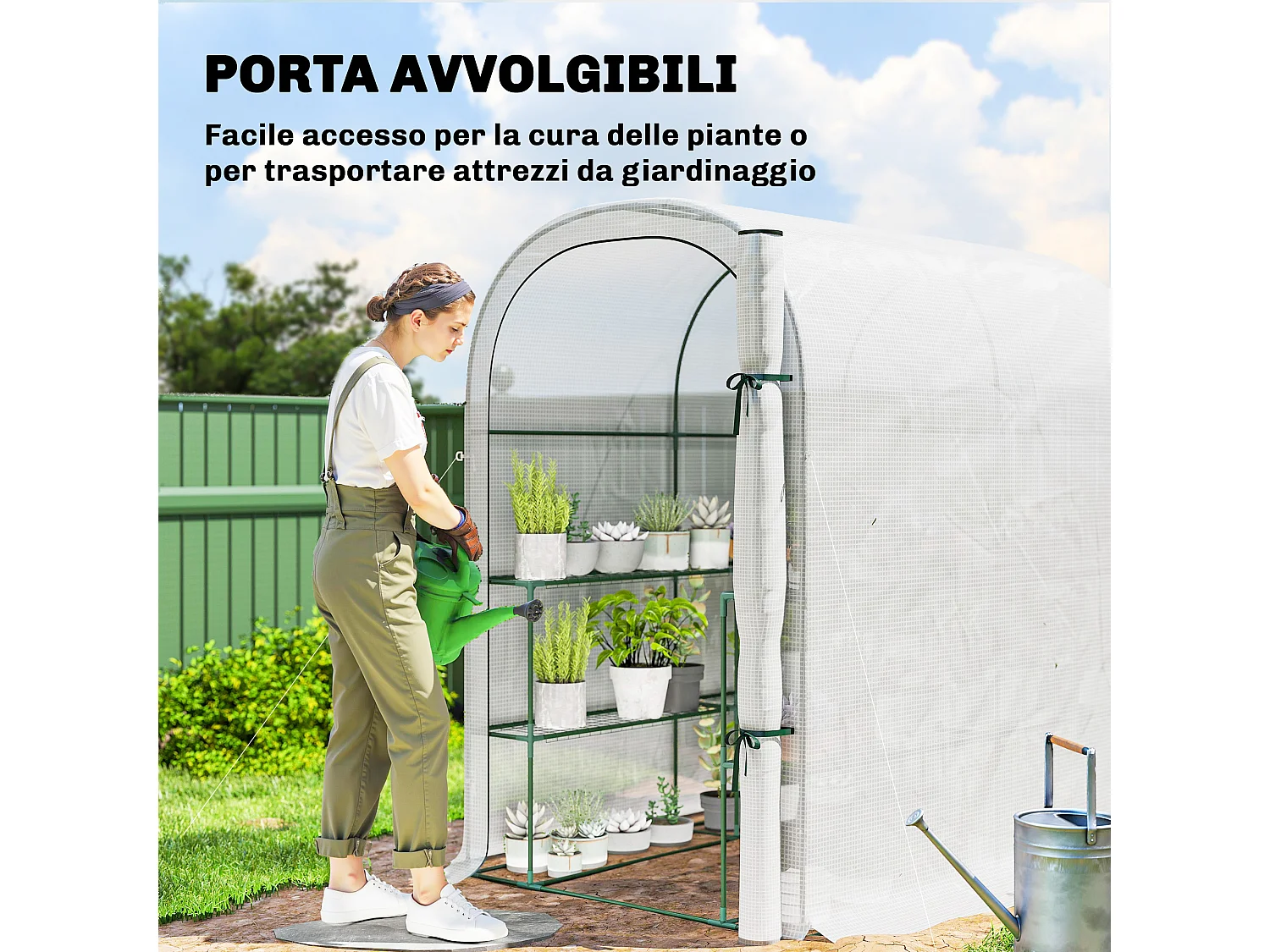 Serra da giardino con scaffali a 2 livelli e porta avvolgibile bianco