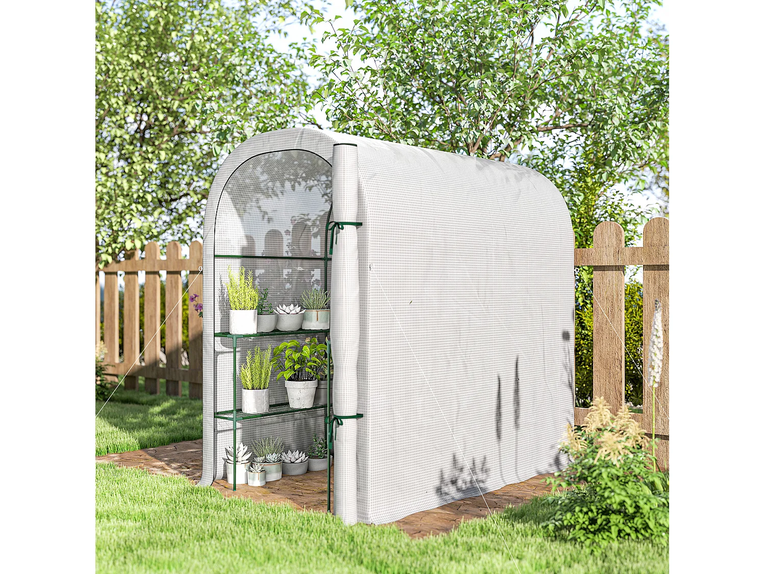 Serra da giardino con scaffali a 2 livelli e porta avvolgibile bianco