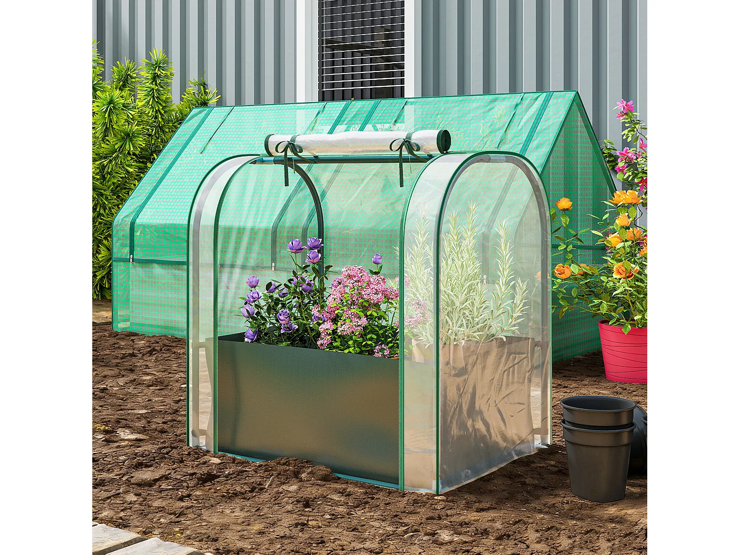 Mini serra con borsa di coltivazione e porta avvolgibile verde