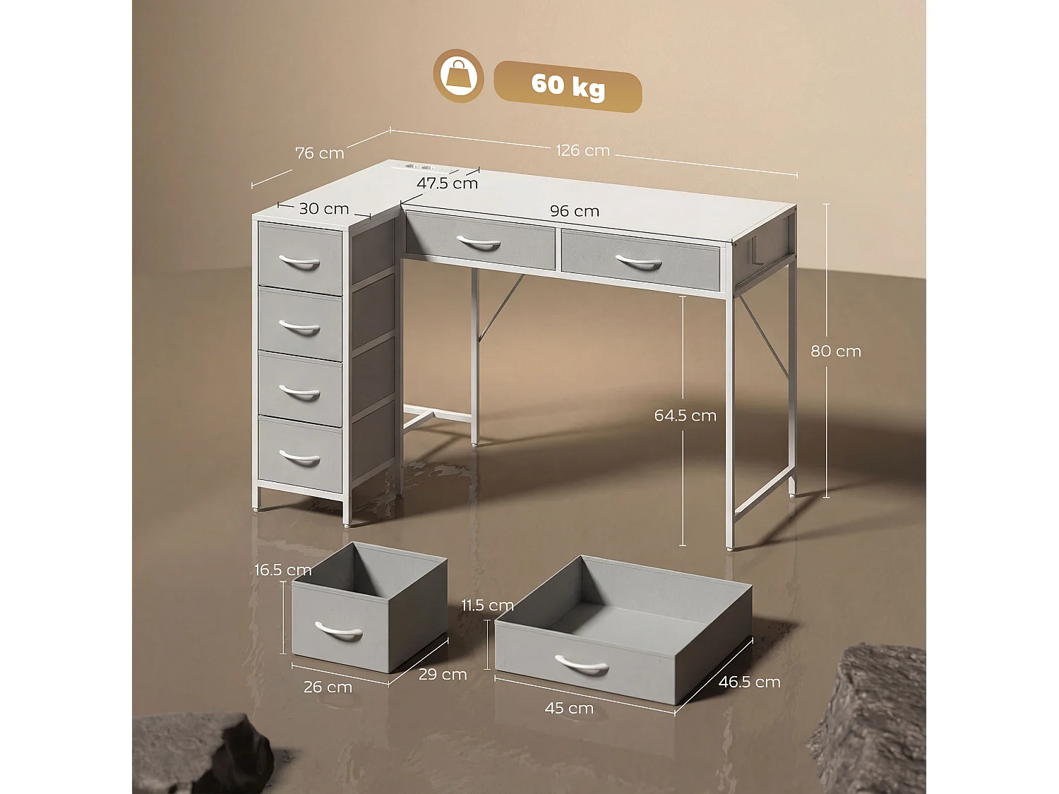 Scrivania angolare reversibile a 6 cassetti in legno e acciaio bianco