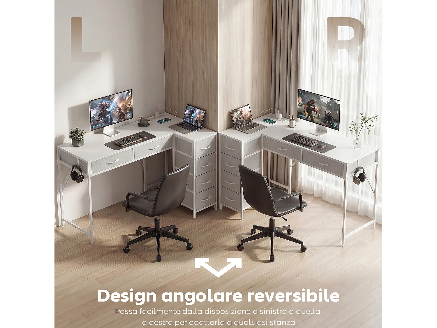 Scrivania angolare reversibile a 6 cassetti in legno e acciaio bianco