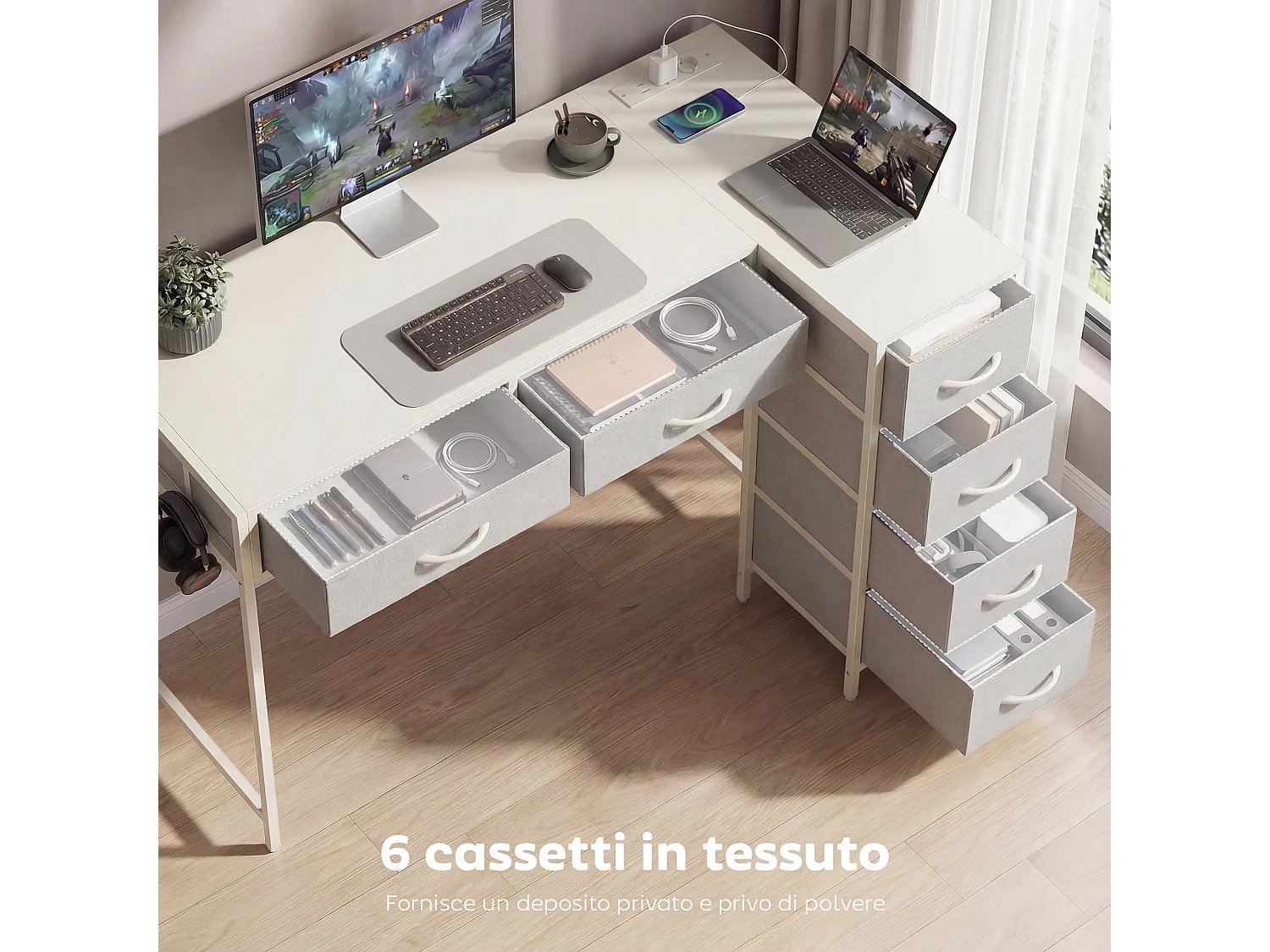Scrivania angolare reversibile a 6 cassetti in legno e acciaio bianco