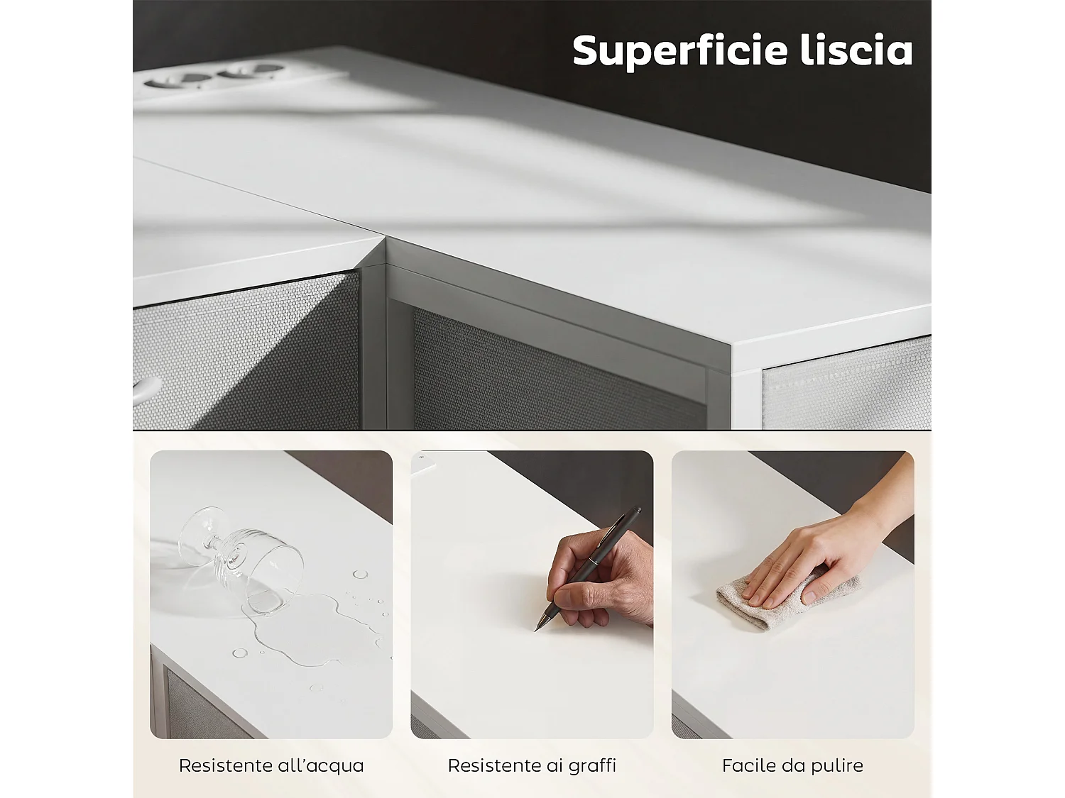 Scrivania angolare reversibile a 6 cassetti in legno e acciaio bianco