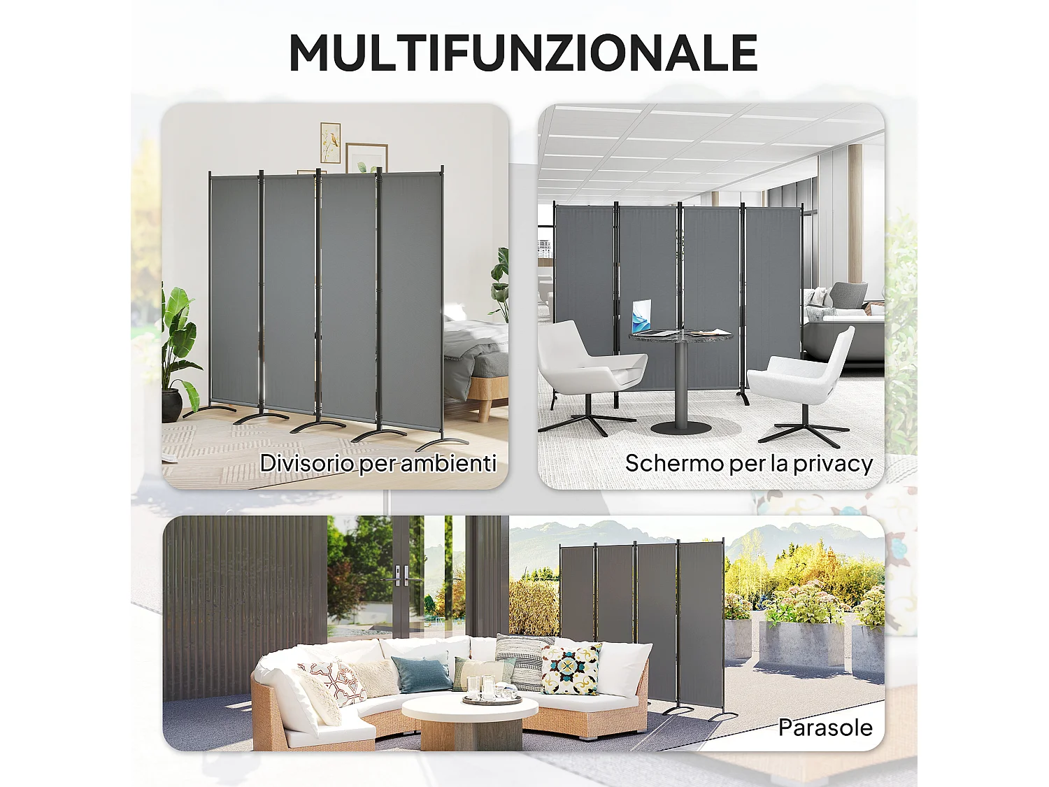 Paravento da giardino 4 pannelli pieghevoli, 221x50x172cm grigio scuro