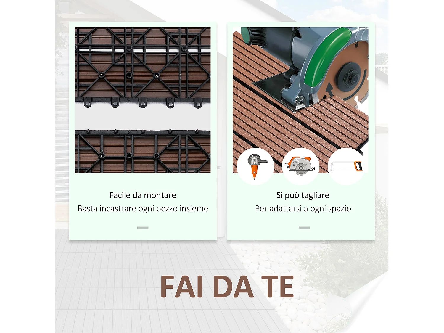Set 11 piastrelle per esterni ad incastro antiscivolo in hdpe marrone