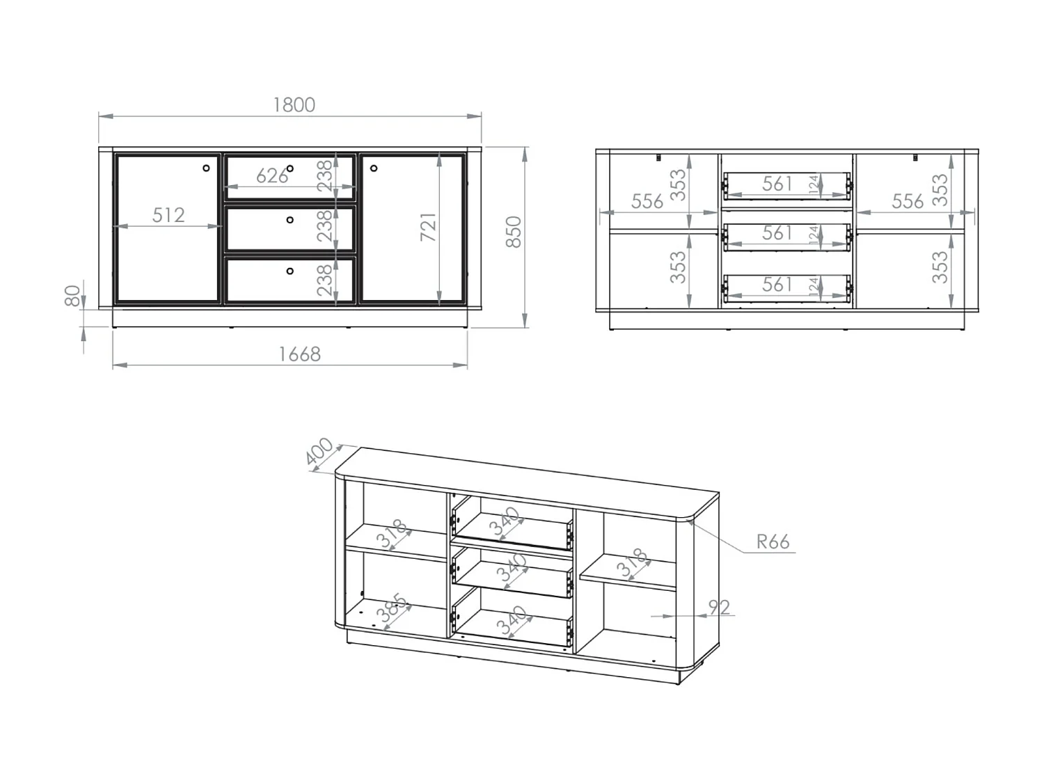 Dressoir 2-deurs – 3 laden – Kasjmier/eikenlook donker – 180 cm – VILAVIO