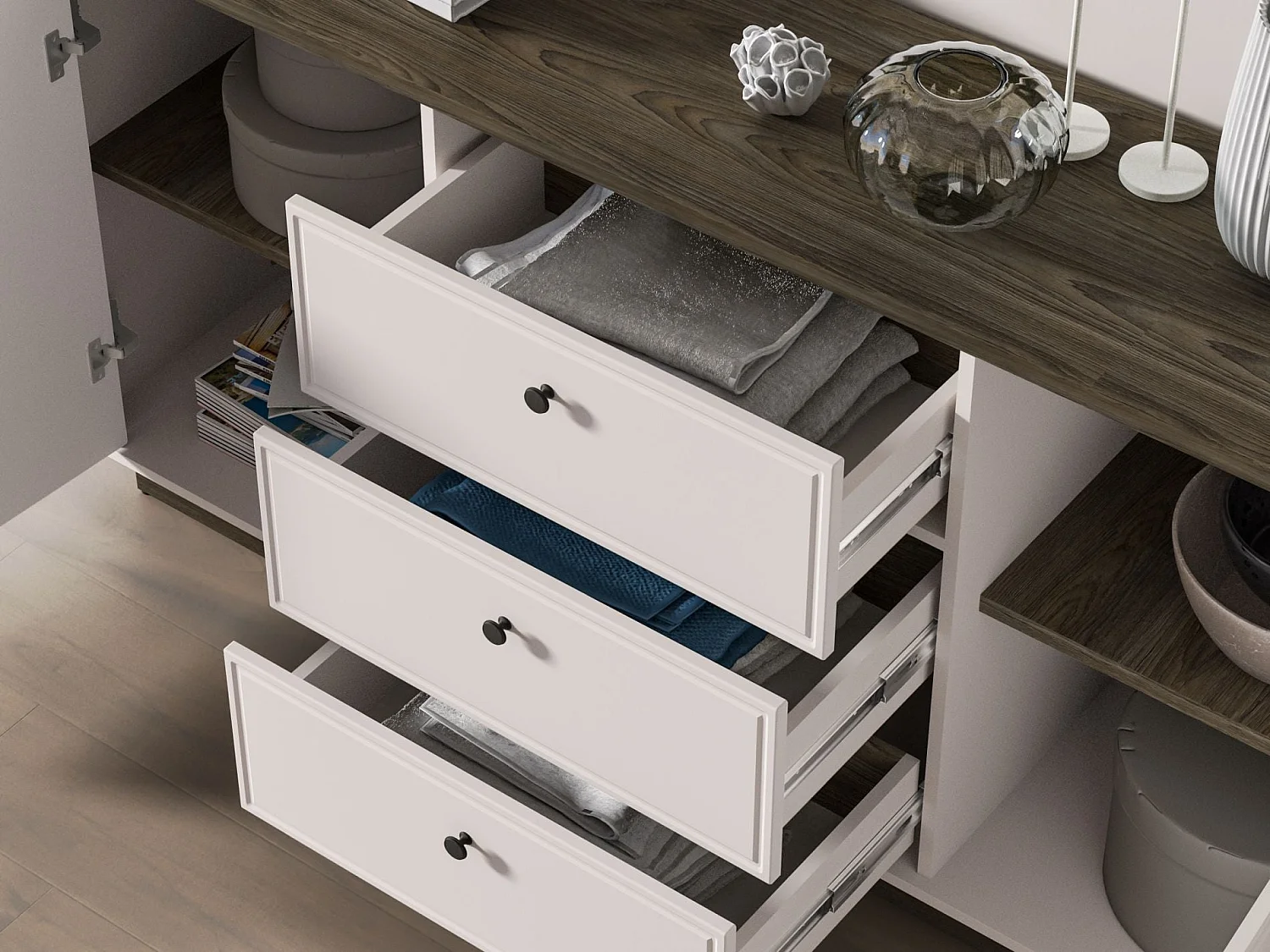 Buffet 2 portes – 3 tiroirs – Gris cachemire/aspect chêne – 180 cm – VILAVIO