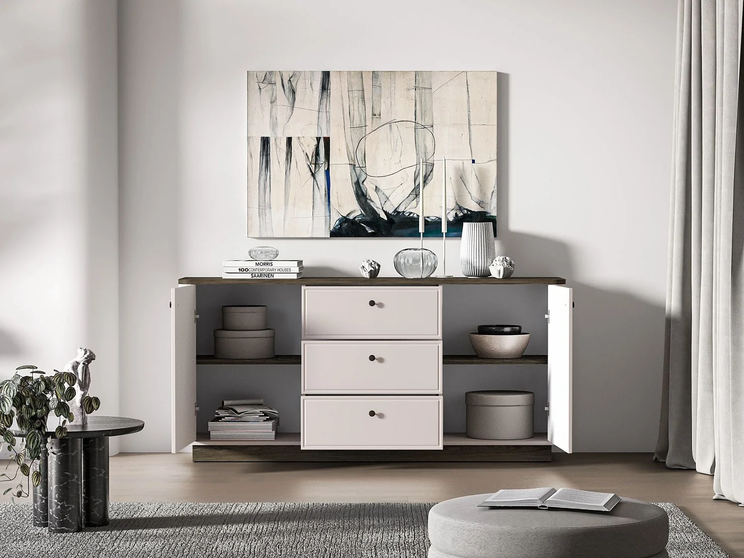 Buffet 2 portes – 3 tiroirs – Gris cachemire/aspect chêne – 180 cm – VILAVIO