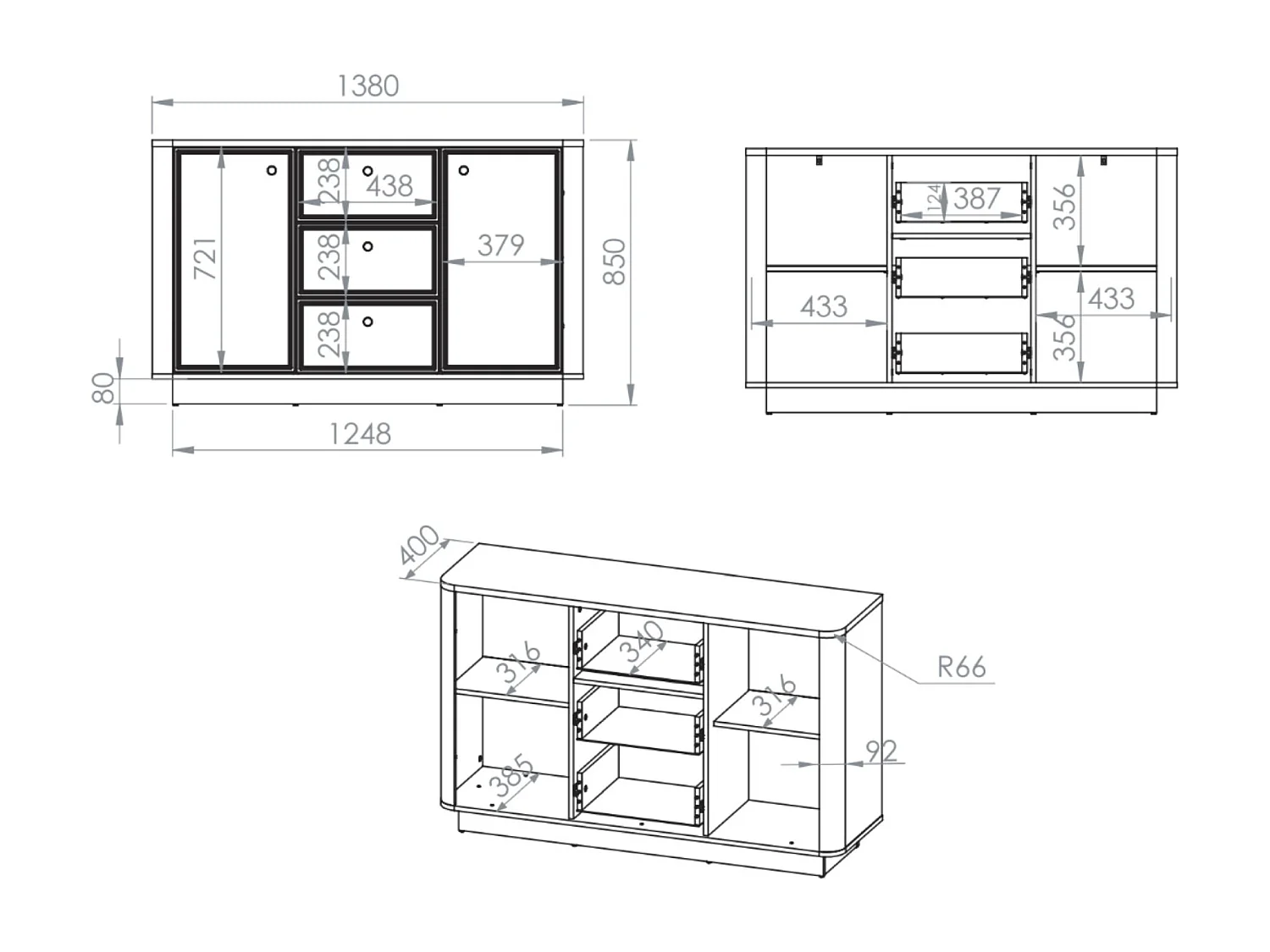 Dressoir 2-deurs – 3 laden – Kasjmier/eikenlook donker – 138 cm – VILAVIO