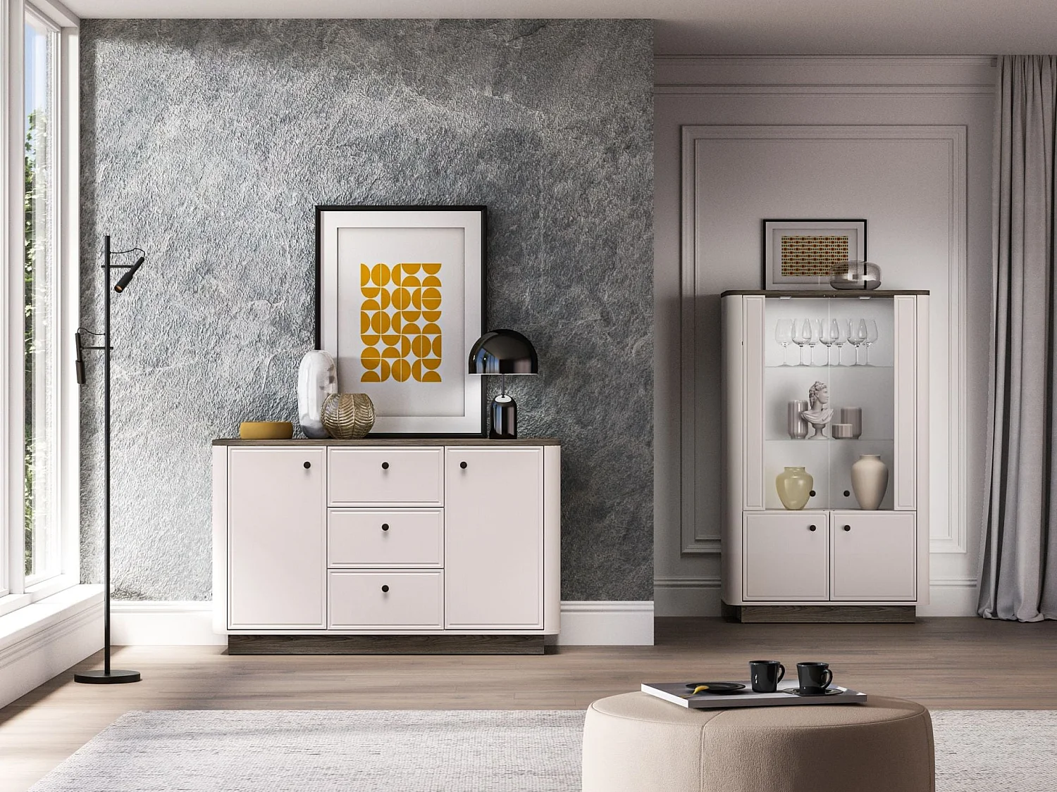 Buffet 2 portes – 3 tiroirs – Gris cachemire/aspect chêne – 138 cm – VILAVIO