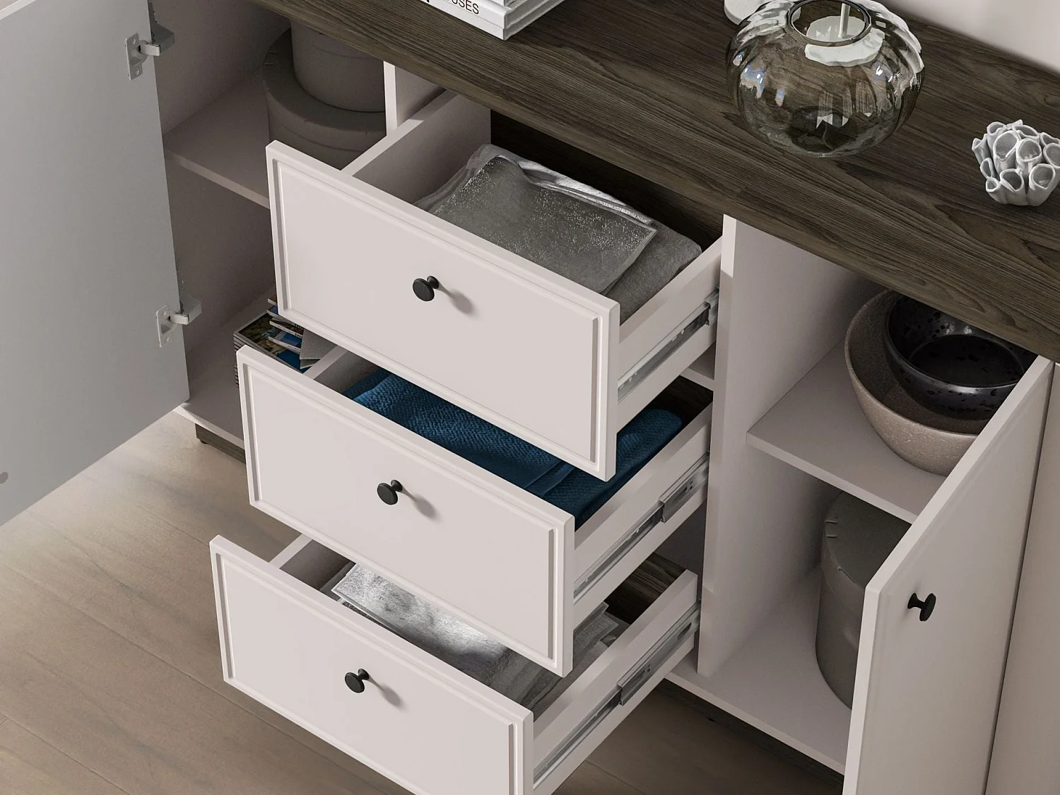 Buffet 2 portes – 3 tiroirs – Gris cachemire/aspect chêne – 138 cm – VILAVIO