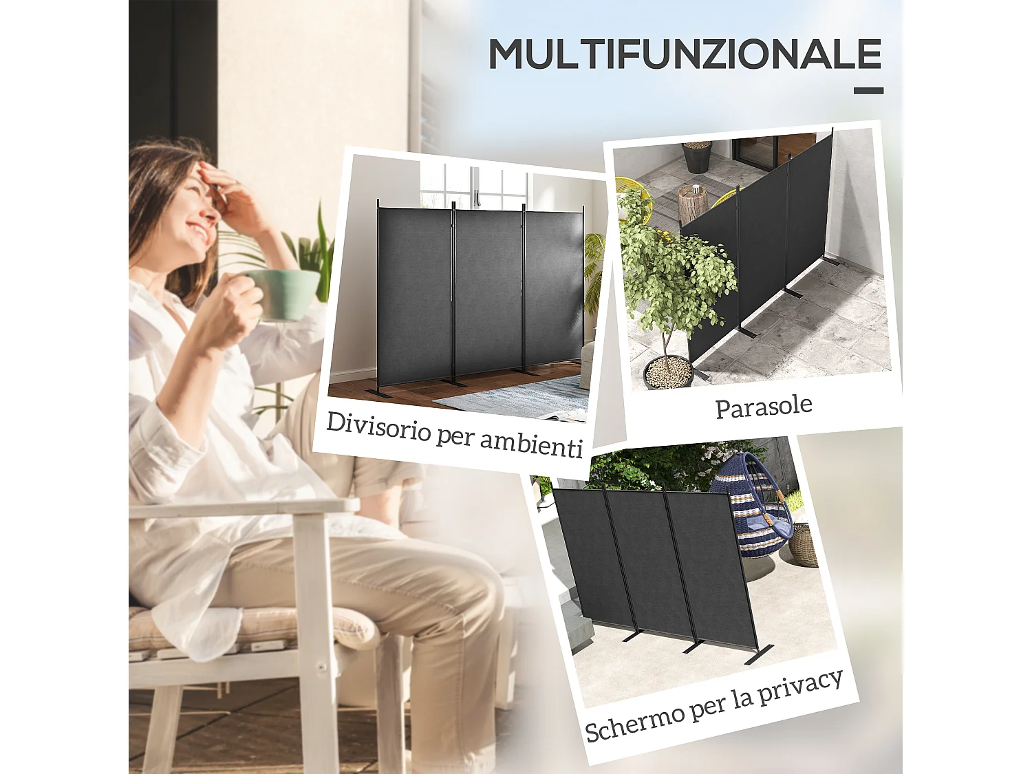 Paravento da esterno a 3 pannelli pieghevole e regolabile grigio