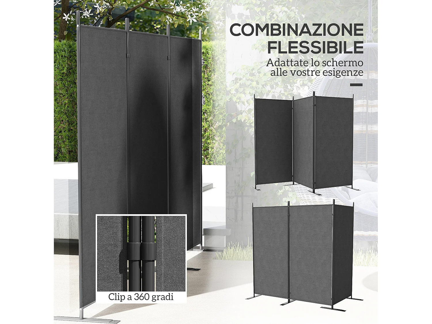 Paravento da esterno a 3 pannelli pieghevole e regolabile grigio