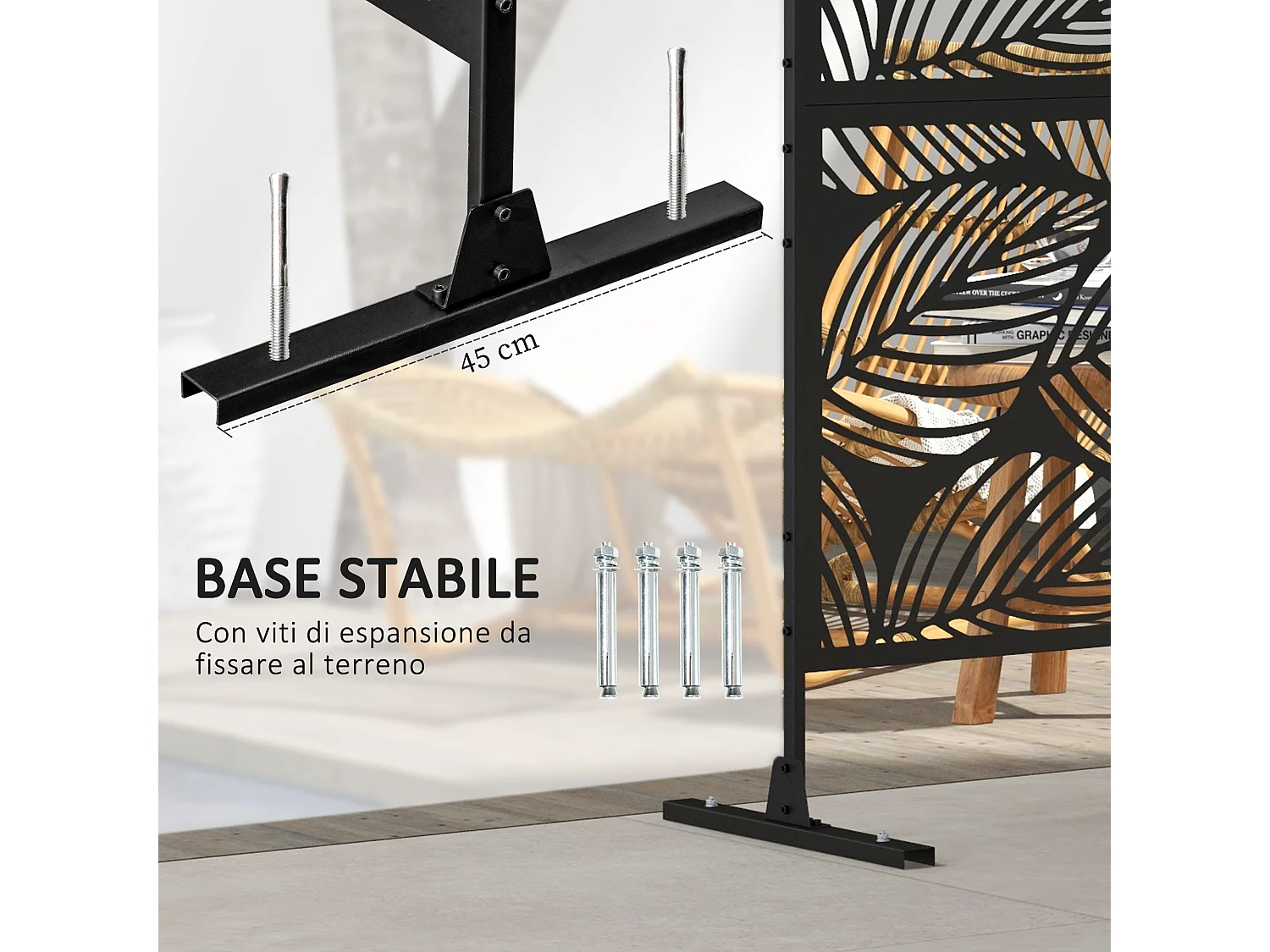 Paravento da esterno decorativo traforato a foglie in acciaio nero